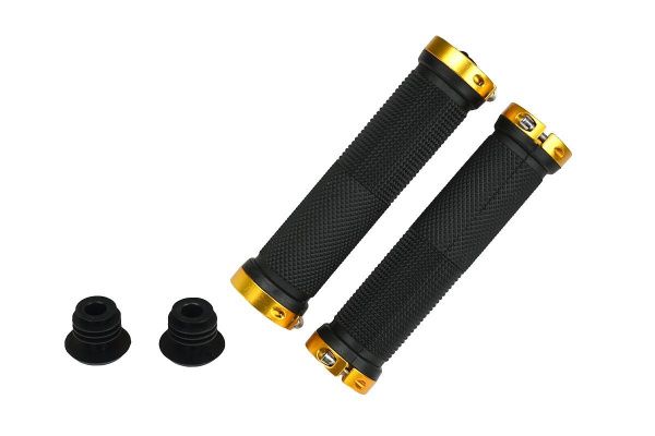 Грипсы MTB ST-13, 135мм, с 2 грипстопами, под шестигранник, черно-золотые Грипсы MTB ST-13, 135мм, с 2 грипстопами, под шестигранник, черно-золотые